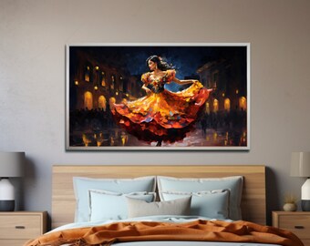 Puede incluir: Una pintura de una mujer con un vestido colorido y fluido bailando en una calle de la ciudad por la noche. La mujer lleva una flor roja en el pelo y tiene una sonrisa cálida y acogedora. Las luces de la ciudad se reflejan en el pavimento mojado.
