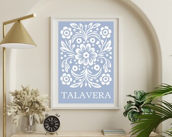 Arte de pared floral mexicano, impresión digital de azulejos de Talavera del suroeste, arte imprimible de Oaxaca, decoración rústica del hogar Hacienda Cocina México