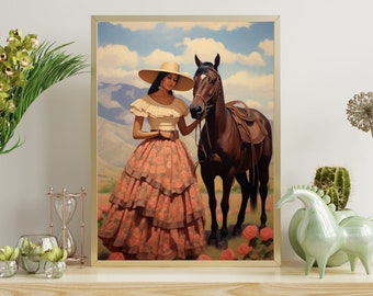 ビンテージ メキシコ フォーク アート 油絵、乗馬絵画、南西部の壁アート、デジタル アート プリント、素朴なメキシコ カウガール デコレーション