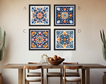 Mexican Kitchen Wall Art, Gallery Set of 4 Talavera Tile Matte Poster Prints, Classic Mexico Folk Art, Rustic Hacienda Cocina Home Decor