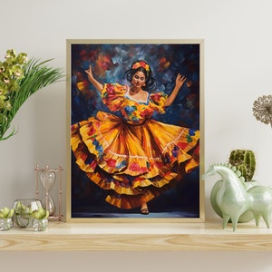 Vintage Mexican Folk Art Oil Painting, Ballet Folklorico Digital Art Print, Southwestern China Poblana Poster, Latina Dancer Printable Decor