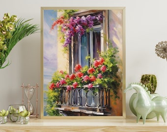 Pode incluir: Uma pintura de uma janela com uma varanda cheia de flores rosa e vermelhas. A janela é enquadrada em madeira e tem vista para um céu azul e um corpo de água. A pintura é emoldurada em ouro.