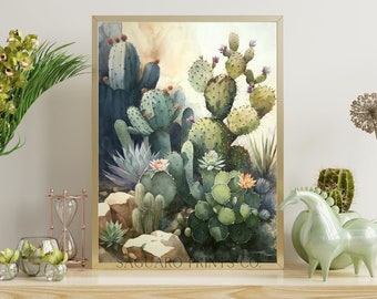 Prickly Pear and Saguaro Cactus, Desert Wall Art, Arizona Home Decor, Southwest Digital Art Print, Sage Green Succulent Watercolor Painting