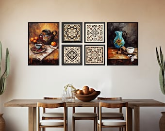 Mexican Kitchen Wall Art, Gallery Set of 6 Talavera Tile Digital Print, Coffee Brown Mexico Folk Art Printable, Rustic Hacienda Cocina Decor