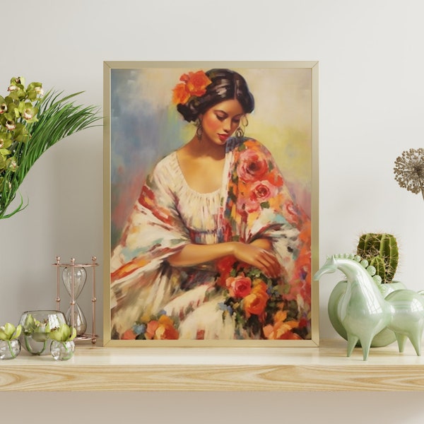 Mexican Folk Art Antique Oil Painting, Rustic Hispanic Botanical Home Decor, Southwestern Printable Poster, Digital Art Print for Designer