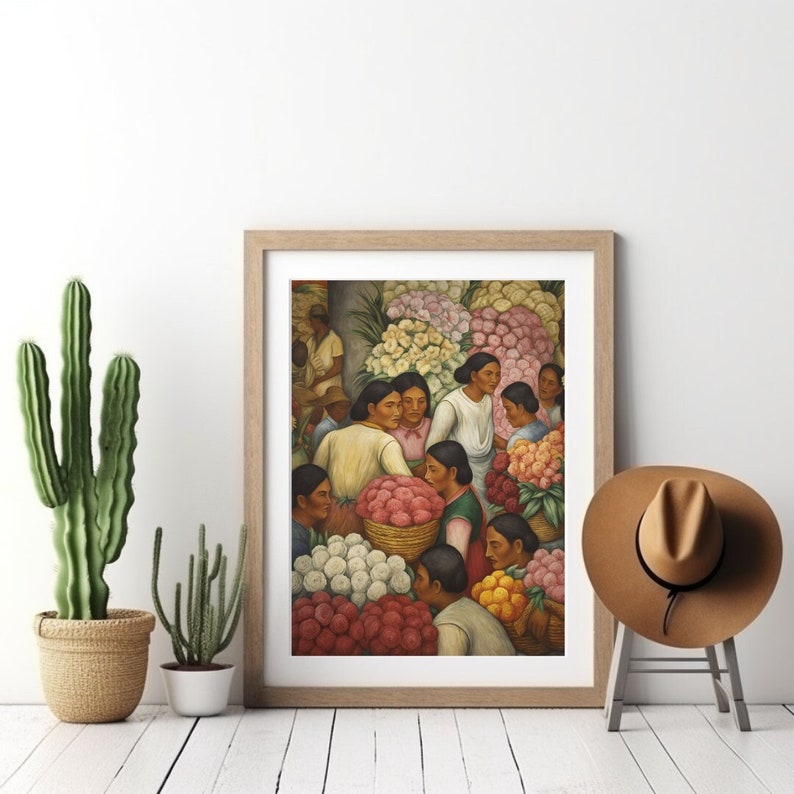 以下が含まれることがあります： 市場で人々の集まりを描いた絵画。人々は伝統的な服装をし、カラフルな花や農産物に囲まれている。絵画は写実的なスタイルで描かれており、鮮やかな色彩が特徴です。