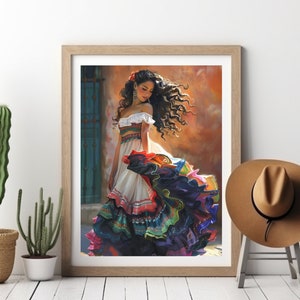 Mexican Folk Dancer Art Print, Colorful Folklorico Printed Wall Art, Feminine Beauty Decor, Vibrant Latino Dance Poster, Modern Home Decor