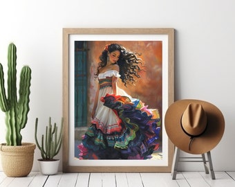 Mexican Folk Dancer Art Print, Colorful Folklorico Printed Wall Art, Feminine Beauty Decor, Vibrant Latino Dance Poster, Modern Home Decor