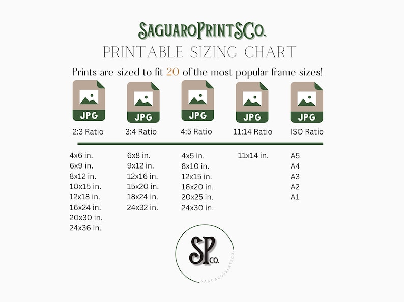 May include: Printable sizing chart for JPG images, showing 20 popular frame sizes in inches. The chart includes 2:3, 3:4, 4:5, 11:14, and ISO ratios. The chart is labeled "SAGUAROPRINTSCO."