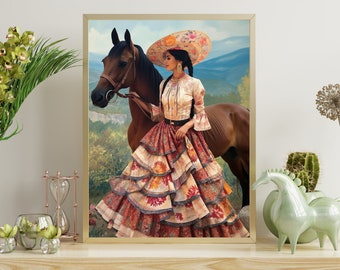 Mexican Folk Art, Horseback Riding Painting, Southwestern Wall Art, Equestrian Painting, Digital Art Print, Rustic Mexican Cowgirl Decor