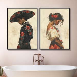 May include: Two framed paintings of people in traditional Mexican clothing. The painting on the left shows a person wearing a black suit with red roses embroidered on it and a large black sombrero. The painting on the right shows a person wearing a white blouse with red embroidery and a red skirt.
