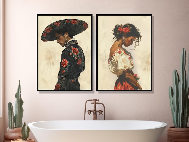 May include: Two framed paintings of people in traditional Mexican clothing. The painting on the left shows a person wearing a black suit with red roses embroidered on it and a large black sombrero. The painting on the right shows a person wearing a white blouse with red embroidery and a red skirt.