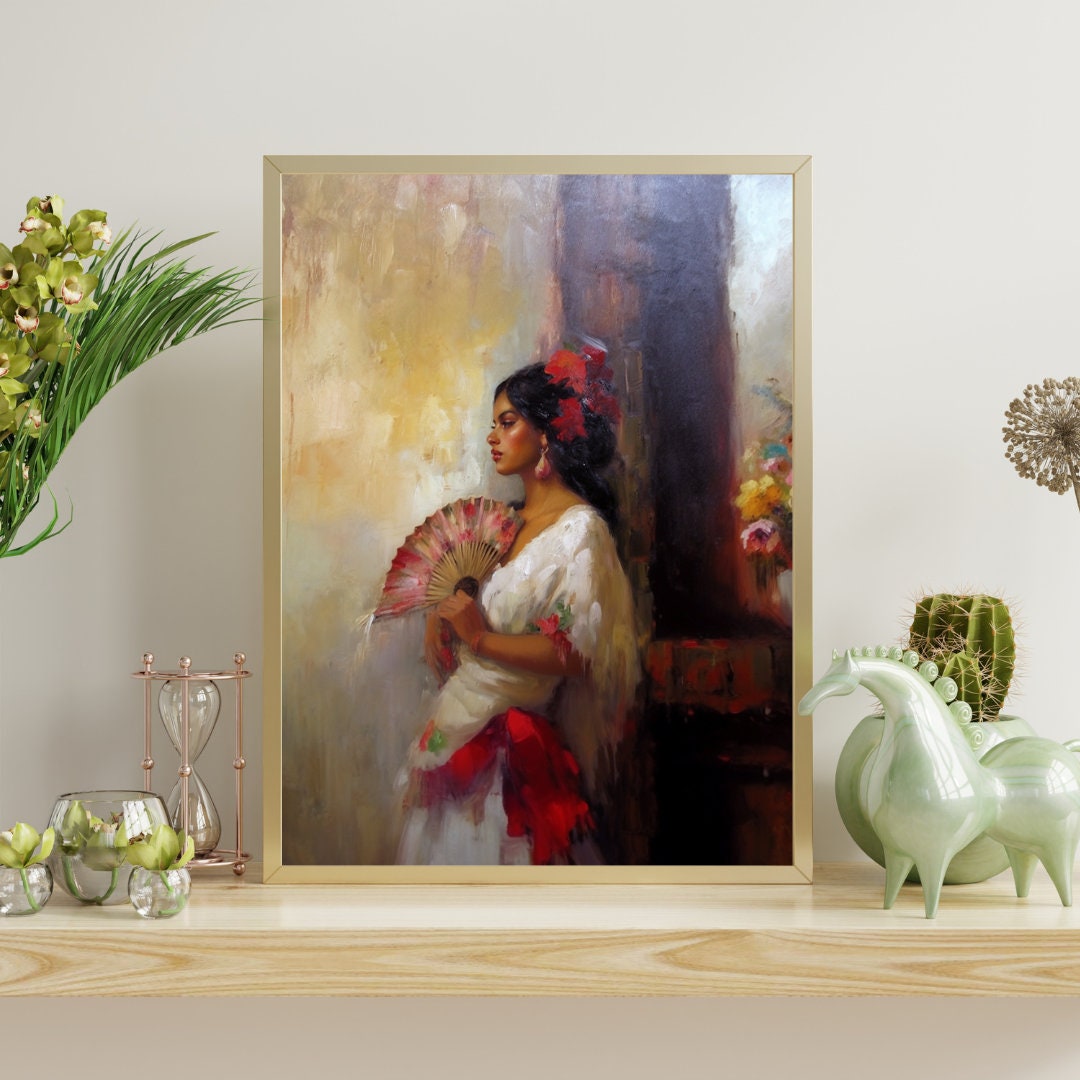 Vintage Mexican Folk Art Impasto Oil Painting, Beautiful Latina Artwork, Southwestern Poster, Digital Art Print, Rustic Printable Decor