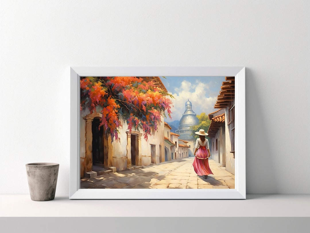 Vintage Mexican Wall Art, Oaxaca Arte Print, Antique Oil Painting, Spanish Hacienda Digital Art