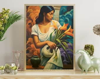 Antique Oil Painting, Mexican Folk Art, Calla Lily Flower Painting, Southwestern Wall Art, Digital Art Print, Rustic Mexican Botanical Decor