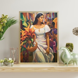 Mexican Folk Art Antique Oil Painting, Calla Lilly Flowers, Southwestern Lady Poster, Digital Art Print, Rustic Mexican Botanical Decor