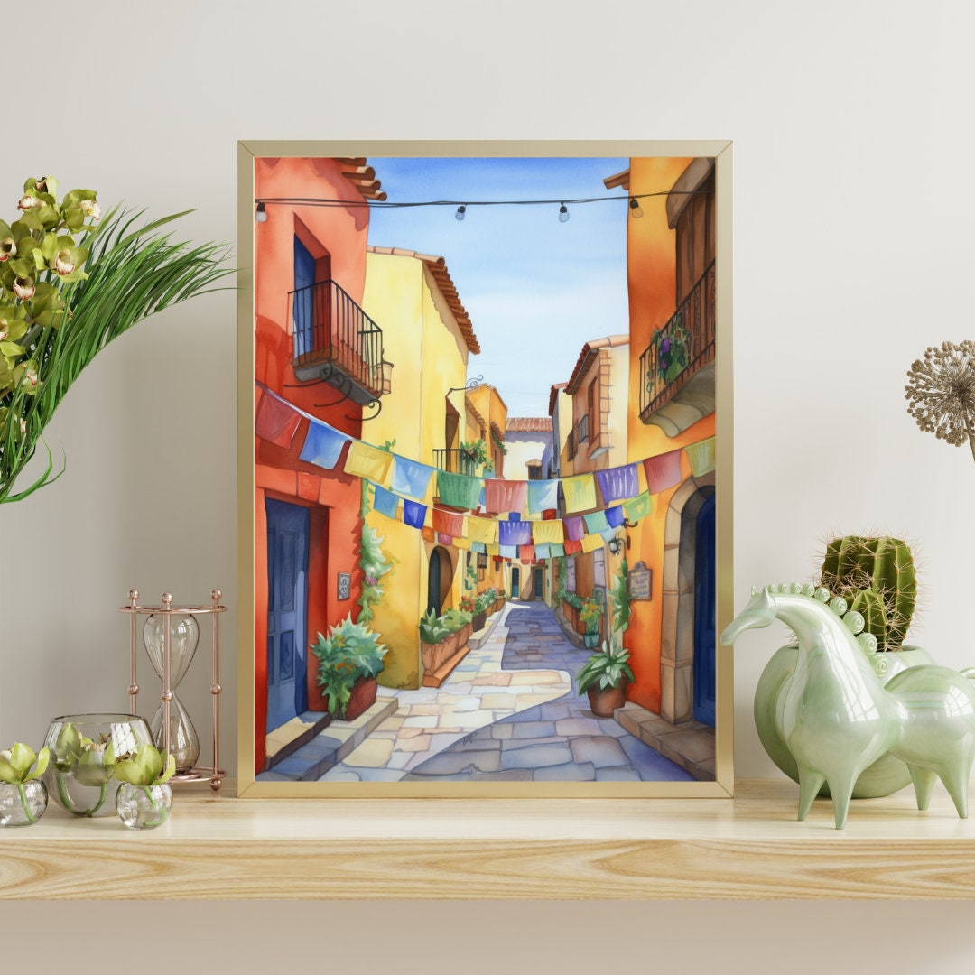Vintage Mexican Wall Art, Oaxaca Arte Print, Watercolor Painting, Spanish Hacienda Digital Art