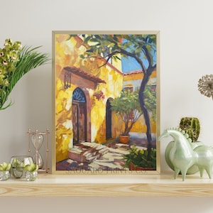 Mexican Antique Oil Painting, Vintage Landscape Print, Hacienda Doorway Wall Decor, Extra Large Wall Art, Navy Blue Maximalist Digital Art
