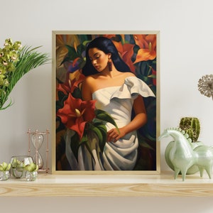 Arte popular mexicano, pintura al óleo de flores de lirio de cala hispana, arte mural moderno del suroeste, impresión de arte digital, decoración botánica rústica de México