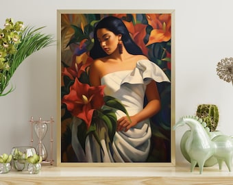 メキシコの民芸品、ヒスパニックのカラーリリーの花の油絵、南西部のモダンな壁画、デジタルアートプリント、素朴なメキシコの植物の装飾