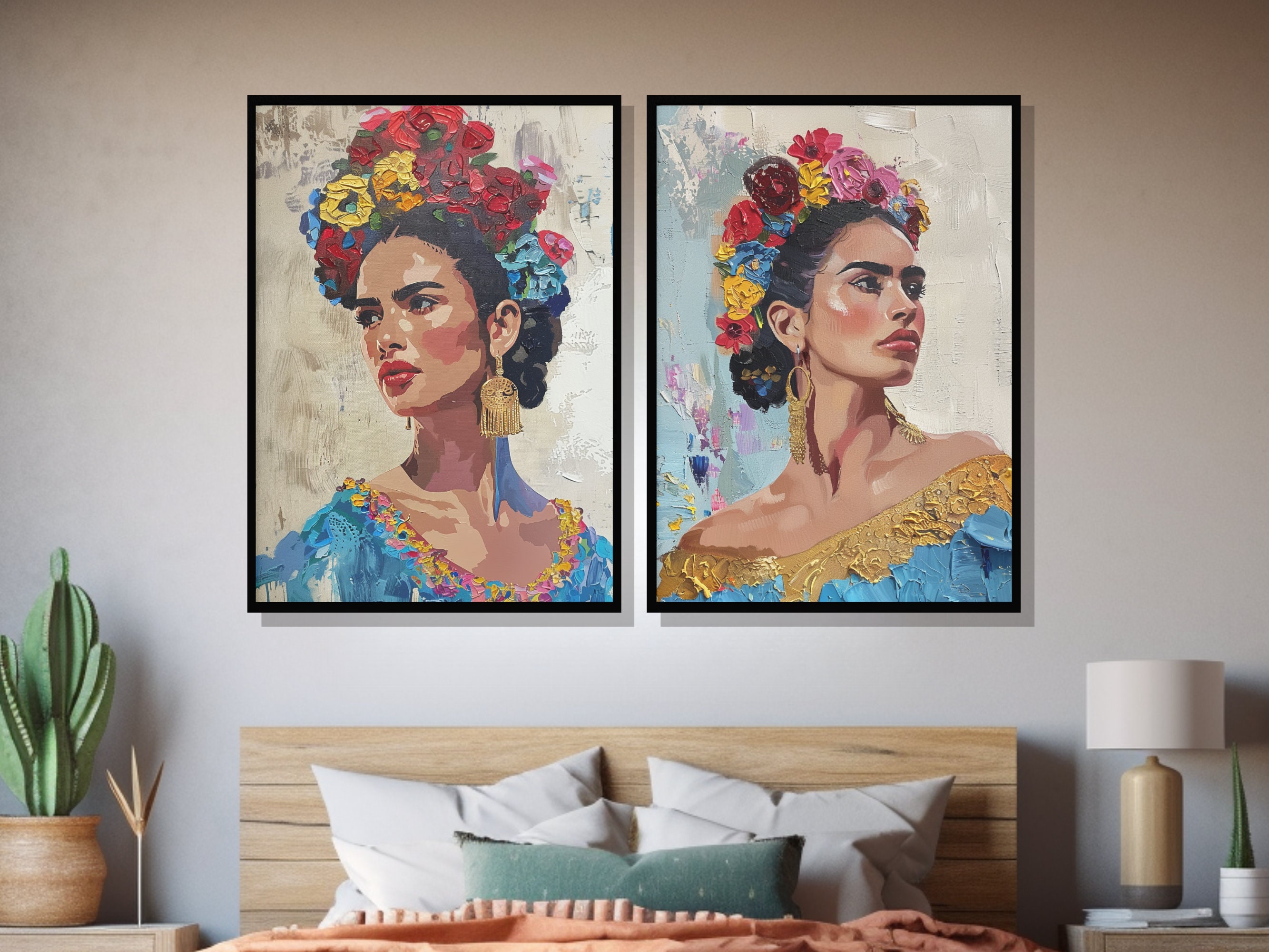 Mexican Art Set of Two Digital Prints, Bold Floral Hispanic Wall Decor, Southwestern Modern Wall Art, Rustic Mexico Botanical Decor for Her
