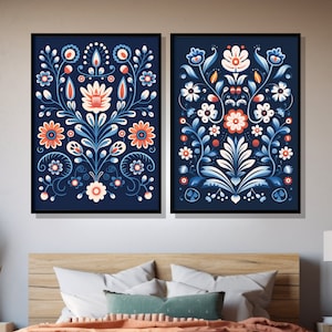 Mexican Bathroom Wall Art, Gallery Set of 2 Talavera Tile Digital Print, Navy Blue Floral Terracotta Printable, Rustic Hacienda Home Decor