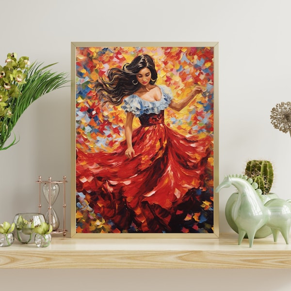 Modern Mexican Folk Art Impasto Oil Painting, Ballet Folklorico Digital Art Print, Southwestern Decor, Latina Folk Dancer Printable Poster