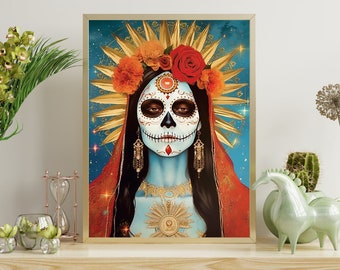 May include: A digital painting of a woman with a sugar skull makeup, wearing a red and gold robe and a crown of flowers. The background is a blue sky with stars.