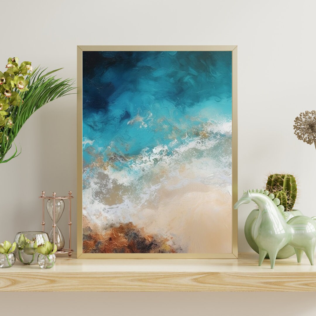 Abstract Beach Oil Painting Digital Art Print, Pacific Ocean Waves Wall ...
