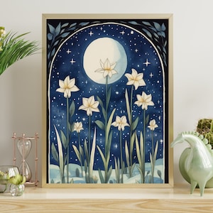 Mondphase und Blüten Kunstdruck, Boho Style Digitale Wandkunst, Florale und Himmlische Illustration, Sternennacht Kunstwerk, Blau Ton Raumdekor