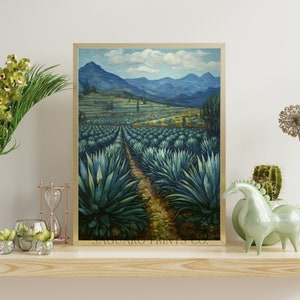 Agave Mexican Wall Art, Extra Large Wall Art Desert Landscape, Home Bar Cart Art, Southwestern Art Watercolor Painting, Zen Wall Art For Him