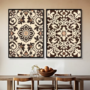 Mexican Cafe Wall Art, Gallery Set of 2 Talavera Tile Digital Print, Coffee Brown Mexico Folk Art Printable, Rustic Hacienda Cocina Decor
