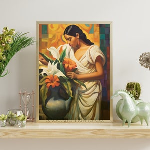 Mexican Folk Art Antique Oil Painting, Calla Lilly Flowers, Southwestern Lady Poster, Digital Art Print, Rustic Mexican Botanical Decor
