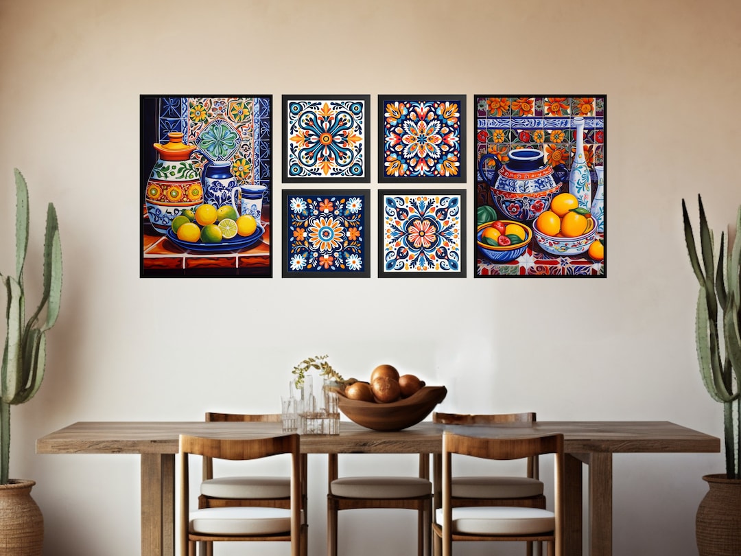 Mexican Kitchen Wall Art, Gallery Set of 6 Talavera Tile Digital Print