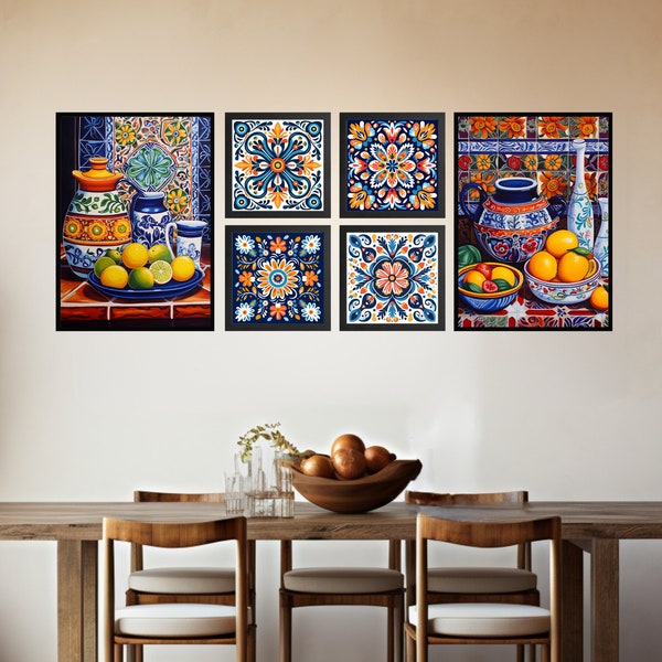 Mexican Kitchen Wall Art, Gallery Set of 6 Talavera Tile Digital Print, Classic Mexico Folk Art Printable, Rustic Hacienda Cocina Home Decor