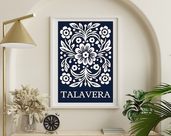 Arte de pared floral mexicano, impresión digital de azulejos de Talavera del suroeste, arte imprimible de Oaxaca, decoración rústica del hogar Hacienda Cocina México