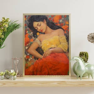 Mexican Folk Art Antique Oil Painting, Lady Dreaming in Flowers, Southwestern Poster, Digital Art Print, Rustic Mexican Botanical Decor