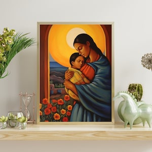 Printable Antique Mexico Mary and Jesus Oil Painting, Hispanic Folk Art,  Southwestern Wall Art, Digital Art Print, Rustic Religious Decor