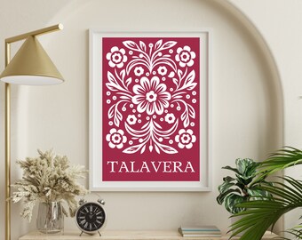 Arte de pared floral mexicano, impresión digital de azulejos de Talavera del suroeste, arte imprimible de Oaxaca, decoración rústica del hogar Hacienda Cocina México