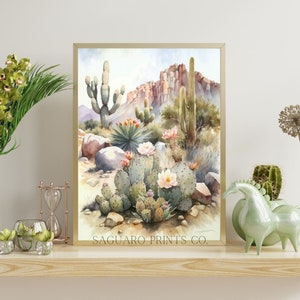 Prickly Pear and Saguaro Cactus, Desert Wall Art, Arizona Home Decor, Southwest Digital Art Print, Sage Green Succulent Watercolor Painting