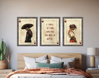 Mexican Art Set of Three Digital Prints, Romantic Mariachi Wall Decor, Southwestern Modern Wall Art, Rustic 3-Panel Mexico Decor for Bedroom
