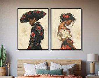 Mexican Art Set of Two Digital Prints, Romantic Mariachi Wall Decor, Southwestern Modern Wall Art, Rustic 2-Panel Mexico Decor for Bedroom