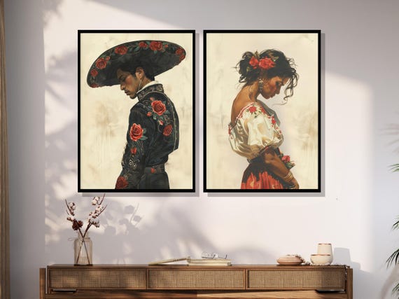 Mexican Art Set of Two Prints, Romantic Mariachi Wall Decor, Southwestern Modern Wall Art Canvas, Rustic 2-panel Mexico Poster for Bedroom