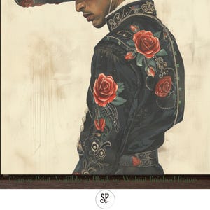May include: A painting of a person wearing a black jacket with red roses embroidered on it. The person is wearing a wide-brimmed hat and has a serious expression on their face.
