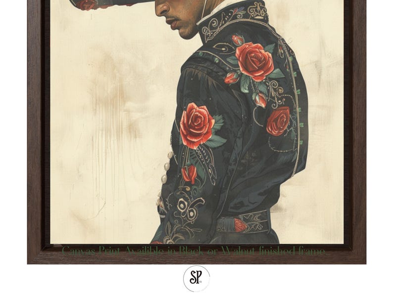 May include: A painting of a person wearing a black jacket with red roses embroidered on it. The person is wearing a wide-brimmed hat and has a serious expression on their face.