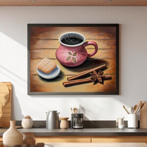 May include: A painting of a pink ceramic mug filled with coffee, a cookie on a white plate, and cinnamon sticks and star anise on a wooden table.