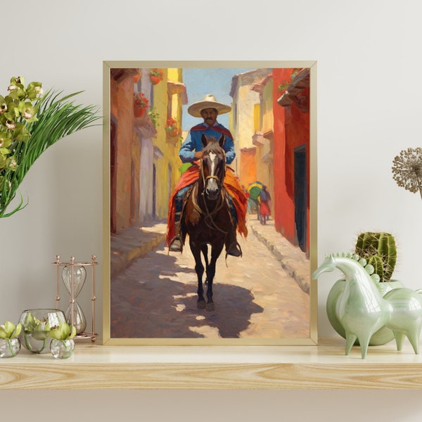 Extra Large Mexican Charro Wall Art, Rustic Earth Tone Cowboy Digital Art Canvas, Mexican Folk Art Horseback Print, Western Printable Decor