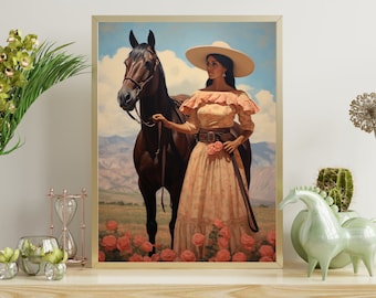 Vintage Mexican Folk Art Oil Painting, Horseback Riding Painting, Southwestern Wall Art, Digital Art Print, Rustic Mexican Cowgirl Decor