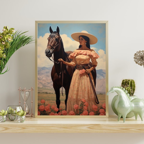 Vintage Mexican Folk Art Oil Painting, Horseback Riding Painting, Southwestern Wall Art, Digital Art Print, Rustic Mexican Cowgirl Decor