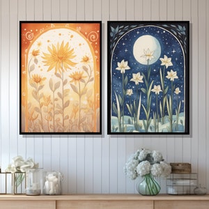 Art mural soleil et lune, impression d'art numérique de style bohème, illustration florale et céleste dans les tons terre, décoration de chambre à coucher vintage bohème dans les tons bleus